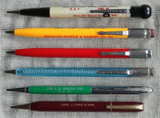 6 Vintage Mechanical Pencils Durolite " 8 Ball ",  Scripto,  Vernon