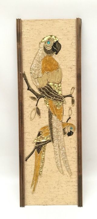 Vintage Mcm Gravel Pebble Art Mosaic Gold Tiki Birds Parrots 24”