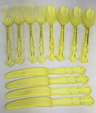 Vintage 12 Pc Set For 4 Neon Yellow Plastic Fork Knife Spoon Diplomat Van Brode