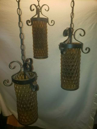 Vintage Wrought Iron Amber Glass Triple Hanging Swag Lamp Light Fixture