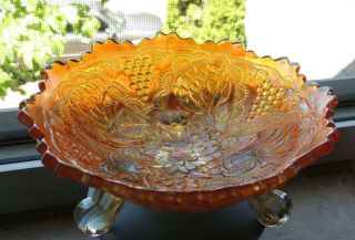 Vintage Marigold Carnival Glass Grape And Lace Flowers 3 Toed Dish Exc.  Cond.