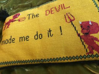 Vintage The Devil Made Me Do It Needlepoint Artwork Pillow Mid Century 1960s ?