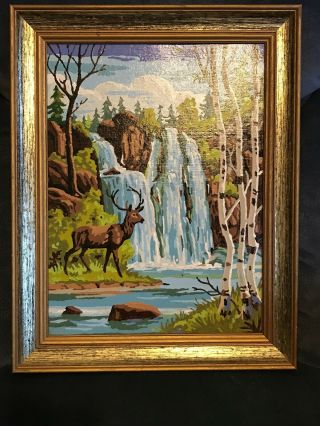 Vintage Paint By Number - Deer - Waterfall - Art Award Co.