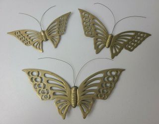 Set Of 3 Vintage Mid Century Modern Solid Brass Butterflies Metal Wall Art Decor