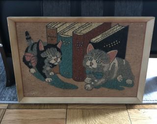 Vintage Mid Century Mcm Gravel Pebble Art On Burlap Pussycats Cat