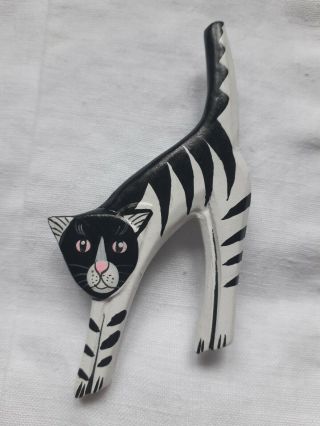 Vintage Black & White Striped Cat Brooch With Pink Eyes - Papier Mache Or Wood?