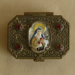 Vintage Brass Hinged Pill Box With Religious Theme - Art Deco Design