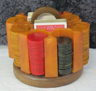 Vintage Art Deco Multi - Colored Catalin Bakelite Poker Chip Caddy Set