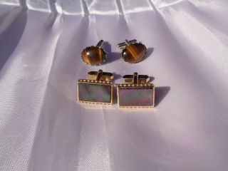 2 Pairs Of Lovely Vintage Gents Cuff Links - Real Mother Of Pearl & Tiger Eye