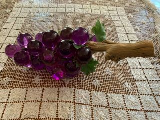 Vintage Mid Century Modern Purple Lucite Grape Cluster On Driftwood,