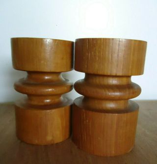 2 Vtg Mcm Teak Wood Chunky Candle Holders Modernist