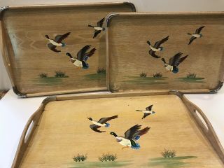 1950 - 60s Mid Century Jet Line Hand Painted Nesting Wood Trays Feat.  Mallard Duck