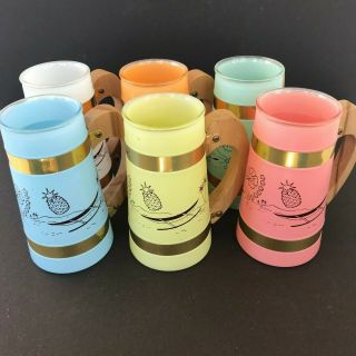 Set Of 6 Mcm Tiki Bar Siesta Ware Mugs Pastel Colors Wood Handles Luau Hawaiian