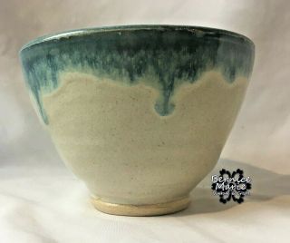 Vintage Handmade Ceramic Pottery Bowl Cream With Turquoise Drip Glaze Signed -