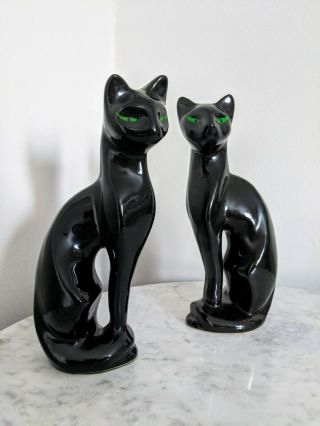 Vintage Retro Mid Century Tall Black Ceramic Cat - Pair - Atomic 11.  5 "