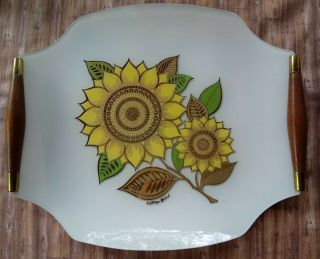 George Briard Signed Mid Century Glass Serving Tray Teak Handles Sunflowers