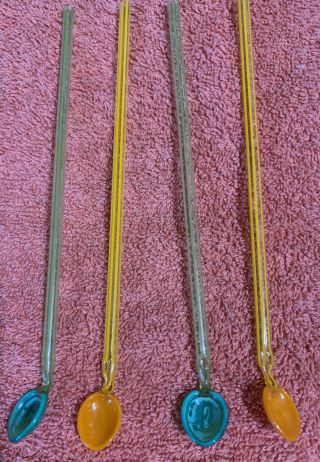 Set Of 4 Vintage Hand Blown Glass Straw Swizzle Sticks