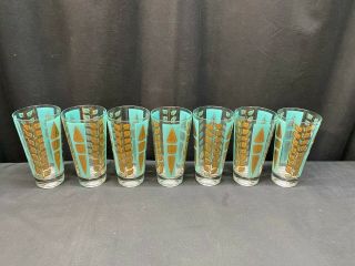 Set Of 7 Fred Press Turquoise / Gold Leaf Glass Tumblers 5 5/8 " Tall