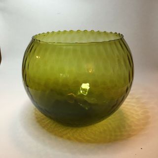 Vintage Mid Century Empoli Green Glass Bowl Fish Round Vase Ruffle