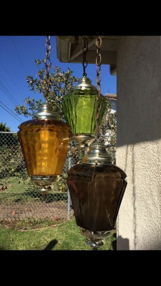 Incredible Deco Victorian Amber Glass Triple Hanging Swag Lamp Light Fixture