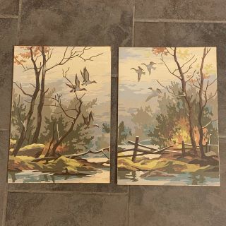 Vintage Set Of Two Fall Scene With Ducks Paint By Number Art Paintings Cabin