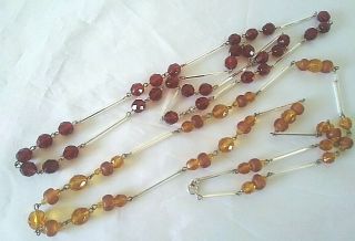 2 X Vintage Deco Style Glass Bead Necklaces Amber Topaz,  Ruby Red 30 " Long
