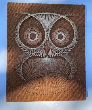 Vintage String Art Mid Century Modern Owl Wall Art Rust Brown 16 X 20 "