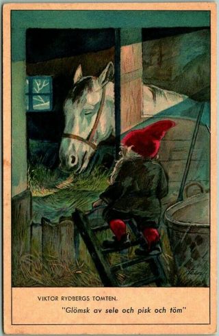 Vintage Swedish Christmas Postcard God Jul Elf Gnome Watching Horse Sleep C1910s