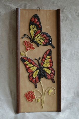 Vtg Gravel Pebble Art 60s Mid Century Mod Butterflies & Flowers Wood Teak? Frame