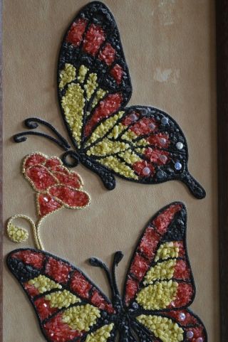 VTG Gravel Pebble Art 60s Mid Century Mod Butterflies & Flowers Wood teak? frame 2