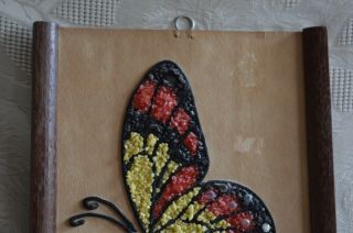 VTG Gravel Pebble Art 60s Mid Century Mod Butterflies & Flowers Wood teak? frame 3