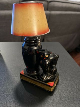 Vintage Ceramic & Metal Black Cat Table Lighter Mid Century Japan