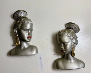 Vintage Rockabilly 1950’s Set Of 2 Plaster African Bust / Head Wall Plaques 7”