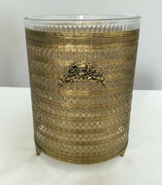Vintage Hollywood Regency Gold Filigree Ormolu Ribbon Flowers Waste Basket Liner
