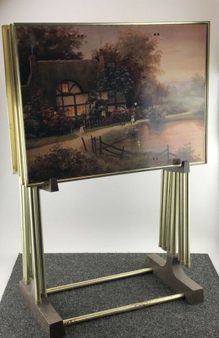 Vintage Retro Painted Set Of Tv Trays C Kieffer With Stand & 4 Trays