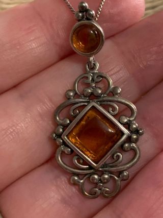 Vintage Sterling Silver And Amber Pendant On Silver Chain
