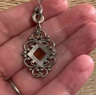 Vintage Sterling Silver And Amber Pendant On Silver Chain 3