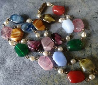 Vintage Multi Colour Banded Glass Bead Necklace 1970s - A287