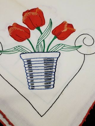 Vintage Tablecloth Cotton Hand Embroidered Appliqued Red Tulips Crochet 1940s
