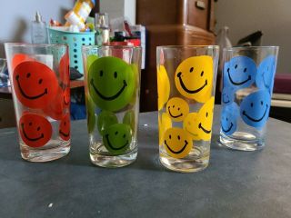 4 Vintage Smiley Face Collectible Drinking Glass 12 Ounce Tumbler