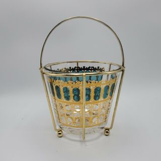 Vintage Culver Azure Scroll Ice Bucket With Gold Carrier And Handle