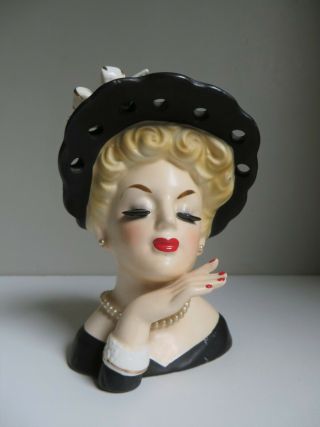 Vtg Inarco Japan Blonde Lady Head Vase Black Hat And Dress E - 190/s 1961 W/label