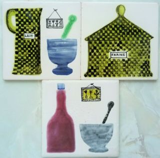Vintage 50s/60s Hand Painted French Kitchen Tiles - Set Of 3 - V & B