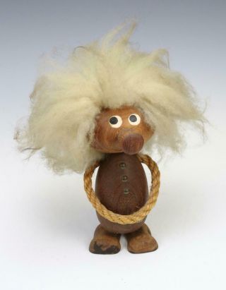Vintage Mid Century Hans Bolling Teak Wood Troll Doll Figure Fuzzy Hair Large 8 "