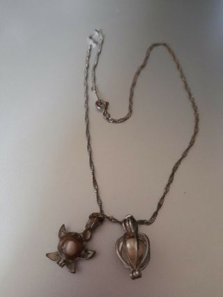 Vintage White Metal Necklace With Two Pendants Containing Large Freshwater Pearl