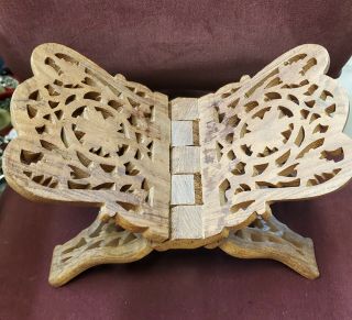 Carved Wooden Folding Bible/book Stand/ Holder Made In India Vintage See Photos