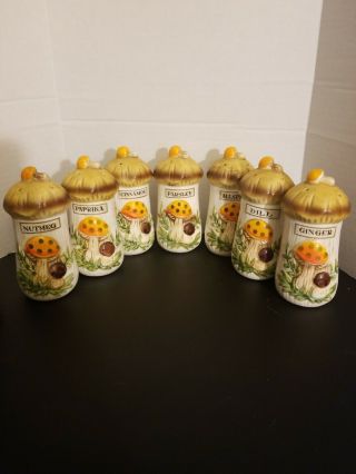 Set Of 7 Vintage Merry Mushroom Sears & Roebuck Spice Shakers Jars