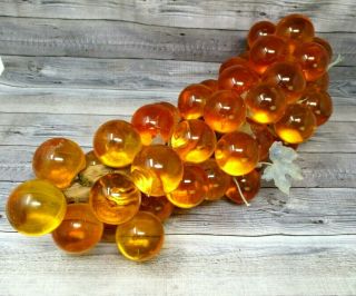 Mid Century Lucite Acrylic Grape Cluster Amber Large On Driftwood 17 Inch Mcm