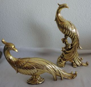 13” Pair Mid Century Modern Gold Syroco Pheasant/peacock Bird Figurines