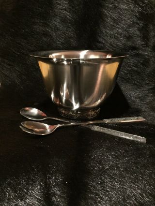 Vtg Stainless Steel Velvet By Stanley Roberts Salad Bowl Set Fork Spoon